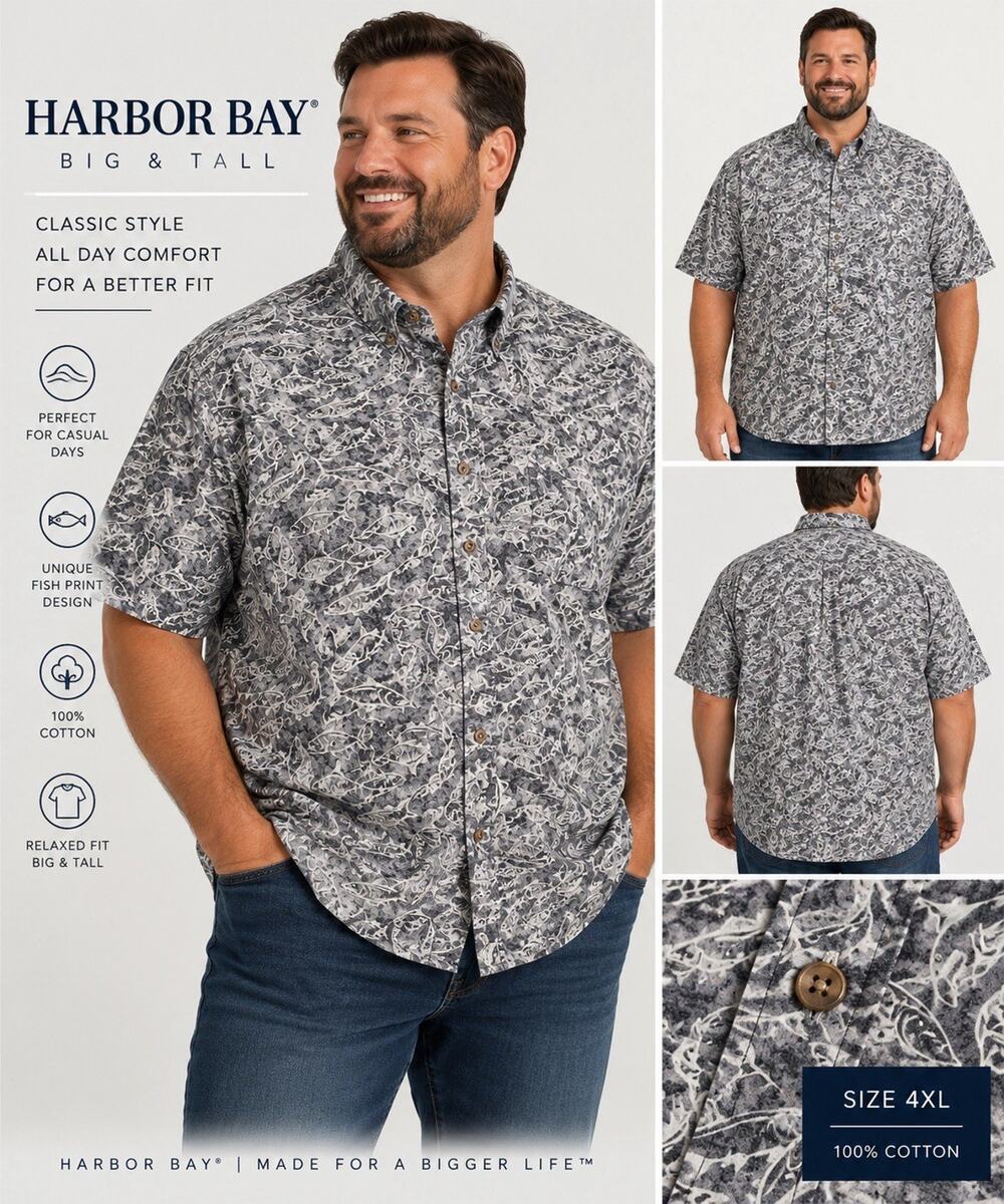 Harbor Bay Big & Tall Men’s 4XL Fish Print Short Sleeve Button Down Shirt Gray